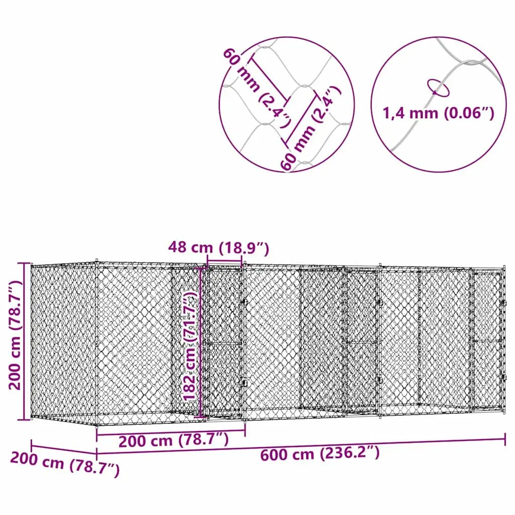 Dog Kennel Silver Large Galvanised Steel Outdoor Cage 600 x 200 x 200 cm