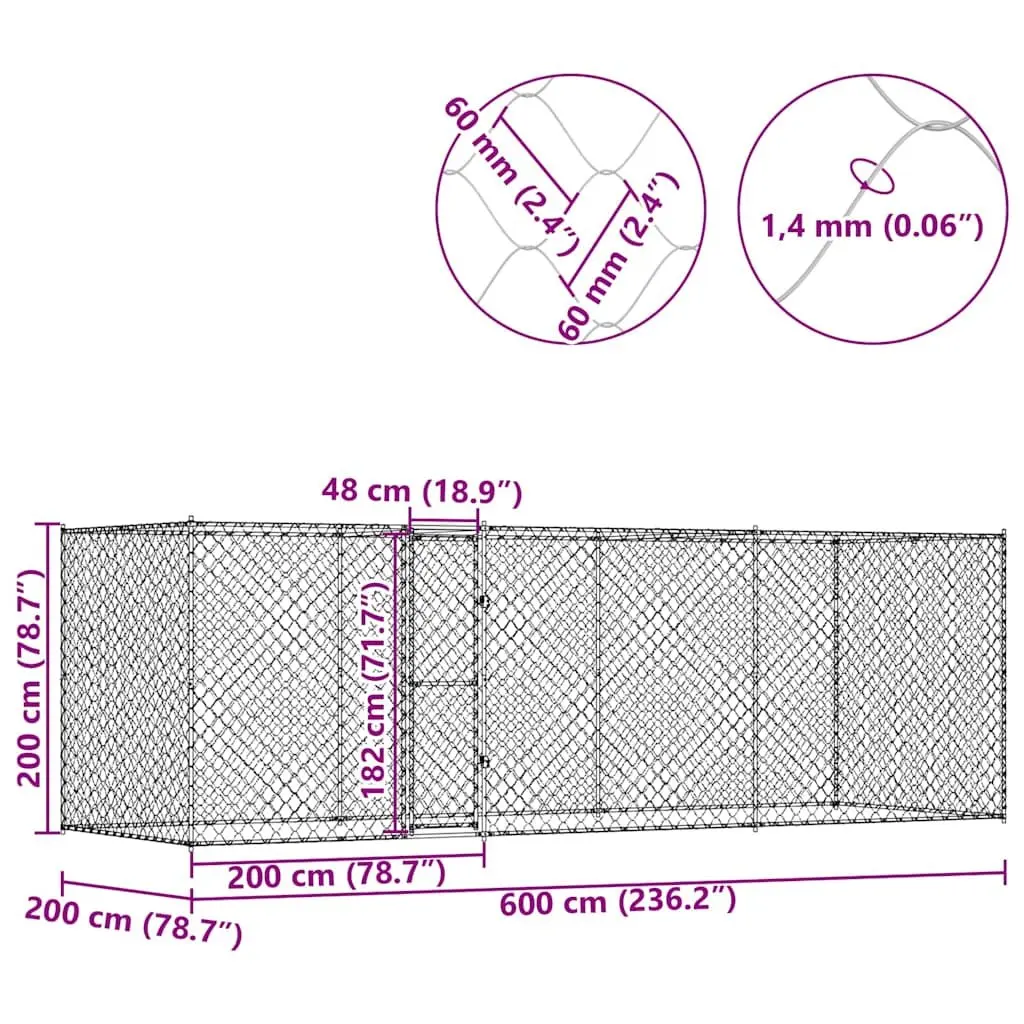 Silver Dog Cage 600 x 200 x 200 cm for Outdoors