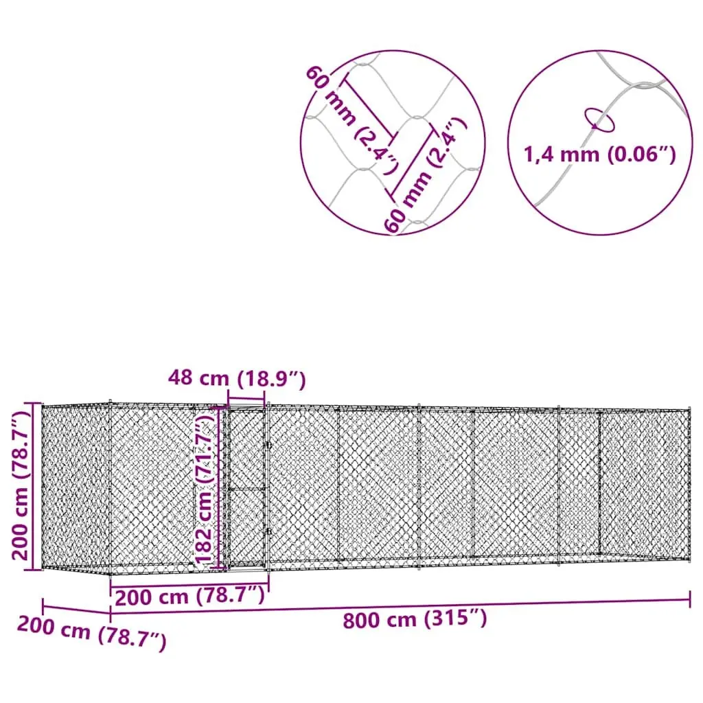 Dog Cage Silver 800 x 200 x 200 cm Galvanised Steel Outdoor Large Breed Pen