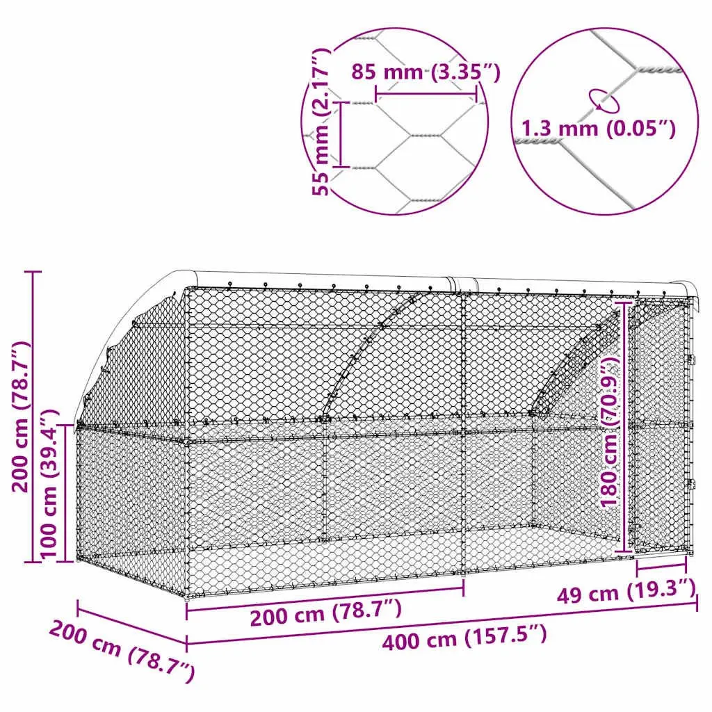 Dog Kennel Silver 4 x 2 x 2 m Galvanised Steel Frame Outdoor Pet Run 2 Piece