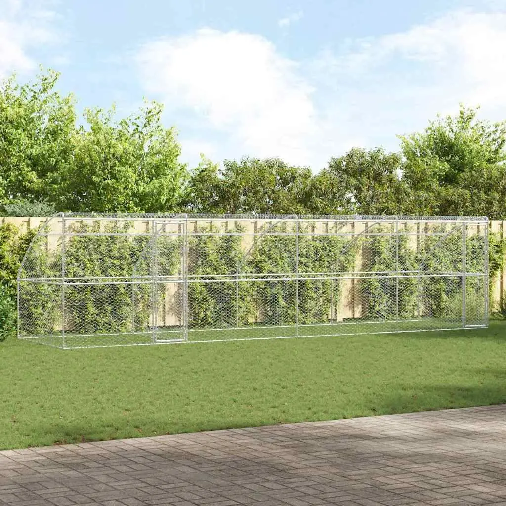 Dog Kennel Silver 8 x 2 x 2 m Galvanised Steel Outdoor Pet Enclosure Lockable Mesh Roof