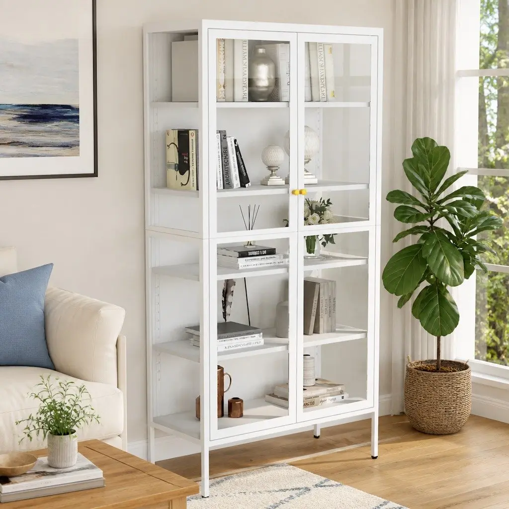 Display Cabinet White 90cm x 40cm x 180cm Tempered Glass Adjustable Shelves Steel Frame