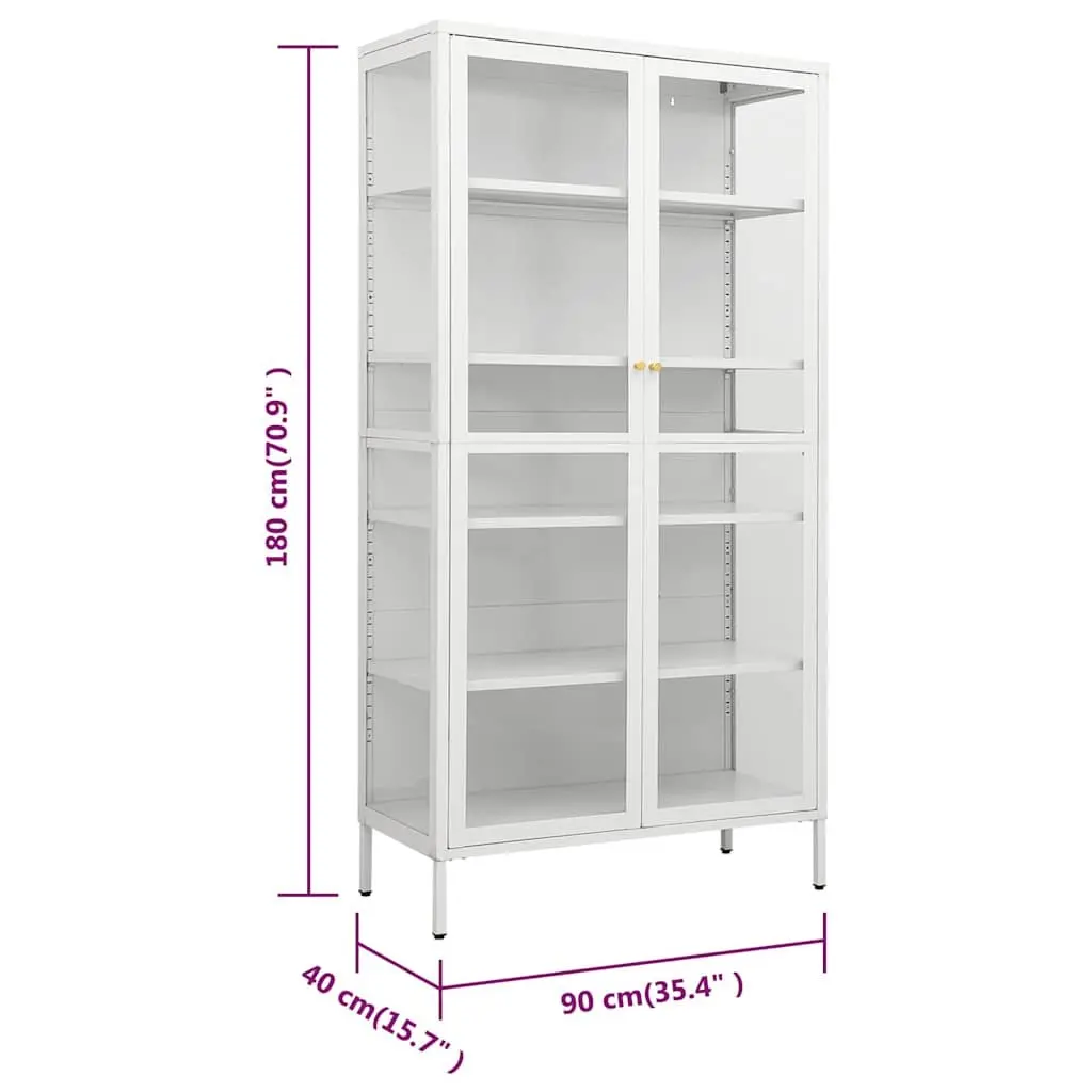 Display Cabinet White 90cm x 40cm x 180cm Tempered Glass Adjustable Shelves Steel Frame