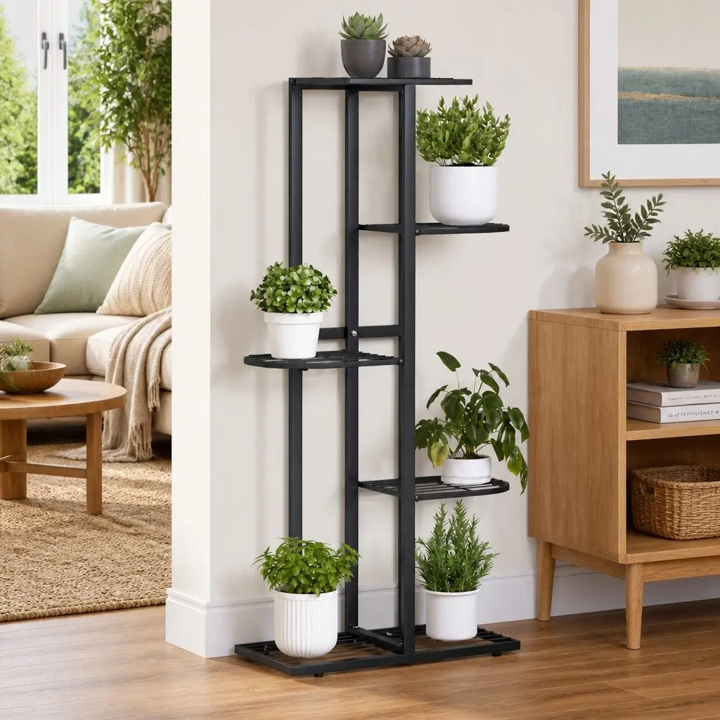 5-Tier Metal Plant Stand Black 43x22x98cm Sturdy Construction