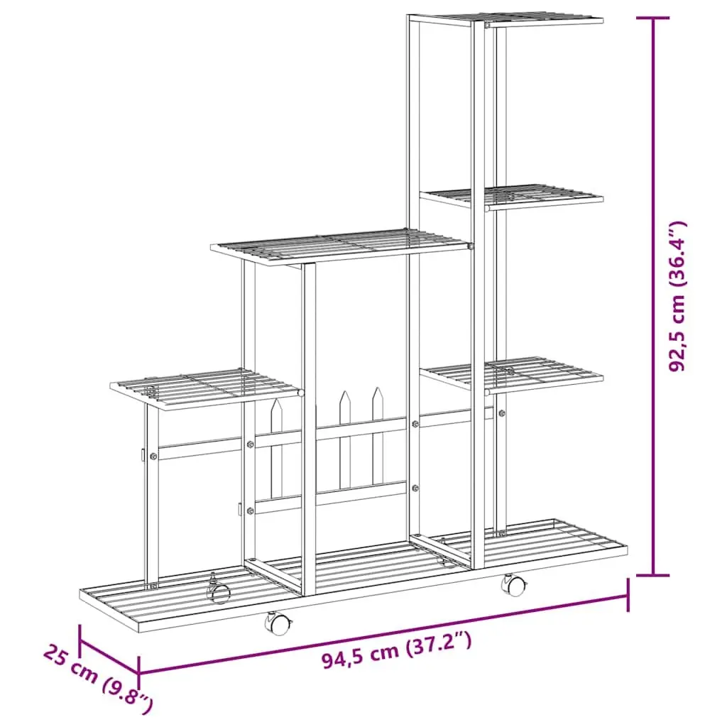 Plant Stand Black Metal 94.5x25x92.5cm with Wheels for Easy Mobility