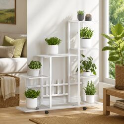 Plant Stand with Wheels White Metal Display Rack Flower Shelving Garden Decor