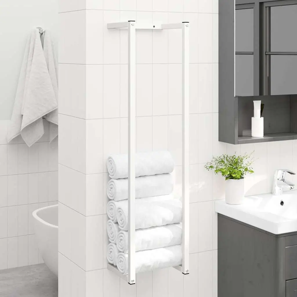 Towel Rack White Steel Wall Mount Bathroom Organizer Storage Holder