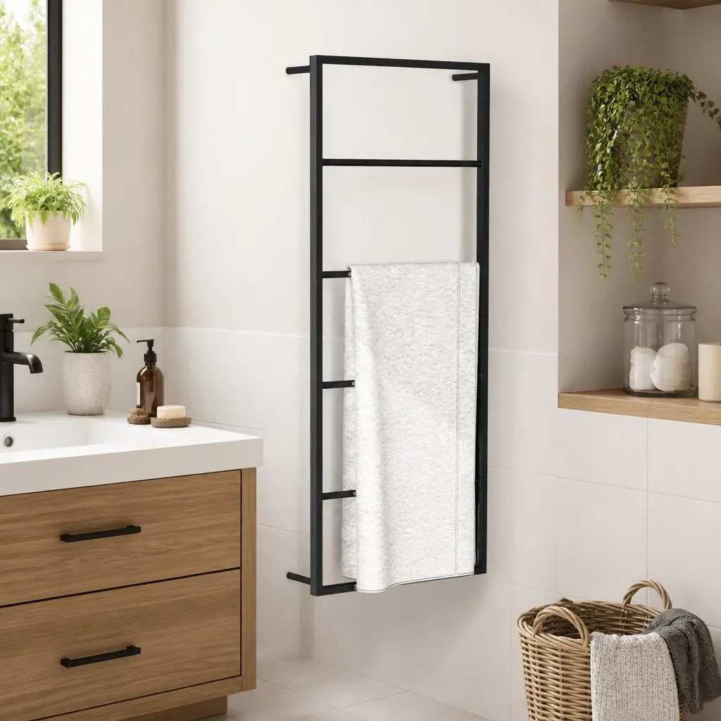 Towel Rack Black Steel Wall Mount Bathroom Storage Organizer