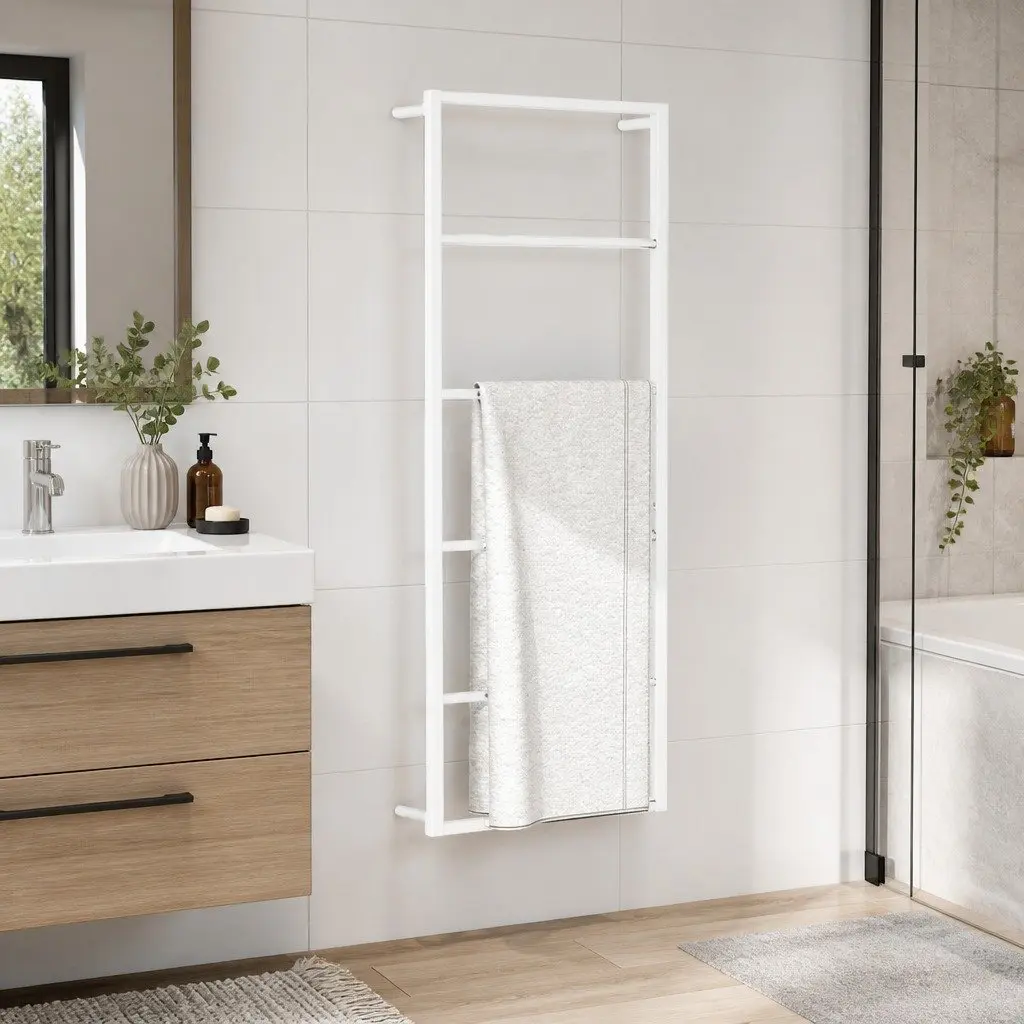 Towel Rack Wall Mount White Steel 45x10x115 cm Storage Holder