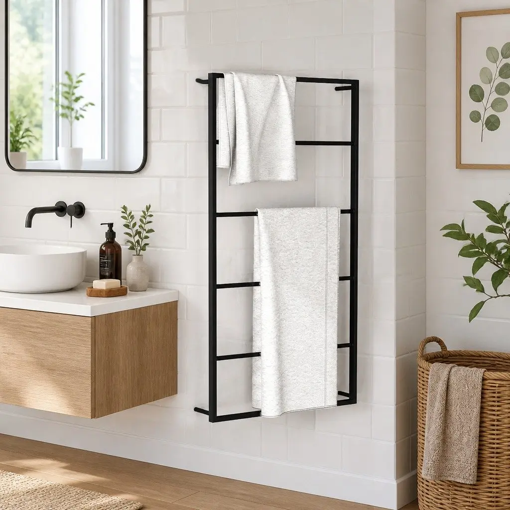 Wall Mounted Towel Rack Organizer Black Steel 60x10x116cm Durable Bathroom Storage