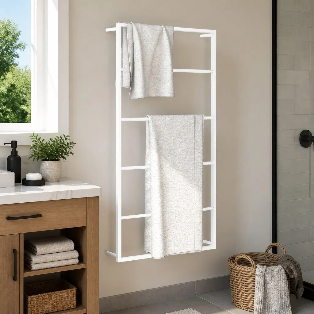 Towel Rack Bathroom Organizer White Steel Wall Mount Sturdy 60cm x 10cm x 116cm