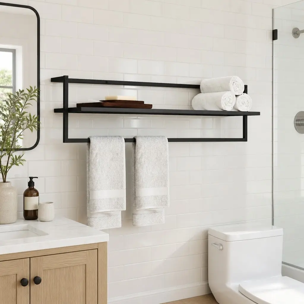 Towel Rack Black Iron Wall Mount Bathroom Shelf Storage Holder Organizer