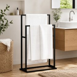 Freestanding Towel Rack 2 Tier Black Iron Bathroom Storage Holder Stand