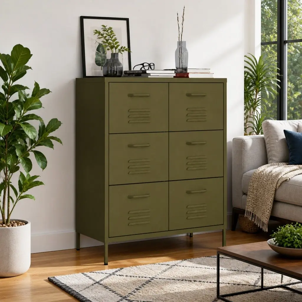 Storage Cabinet Green Steel 6 Drawer Chest Organiser Home Office Furniture