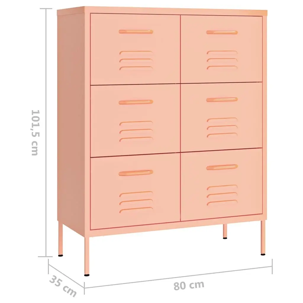 Steel Dresser Organizer Pink 6 Drawer Unit 80W x 35D x 101.5H cm for Bedroom Storage