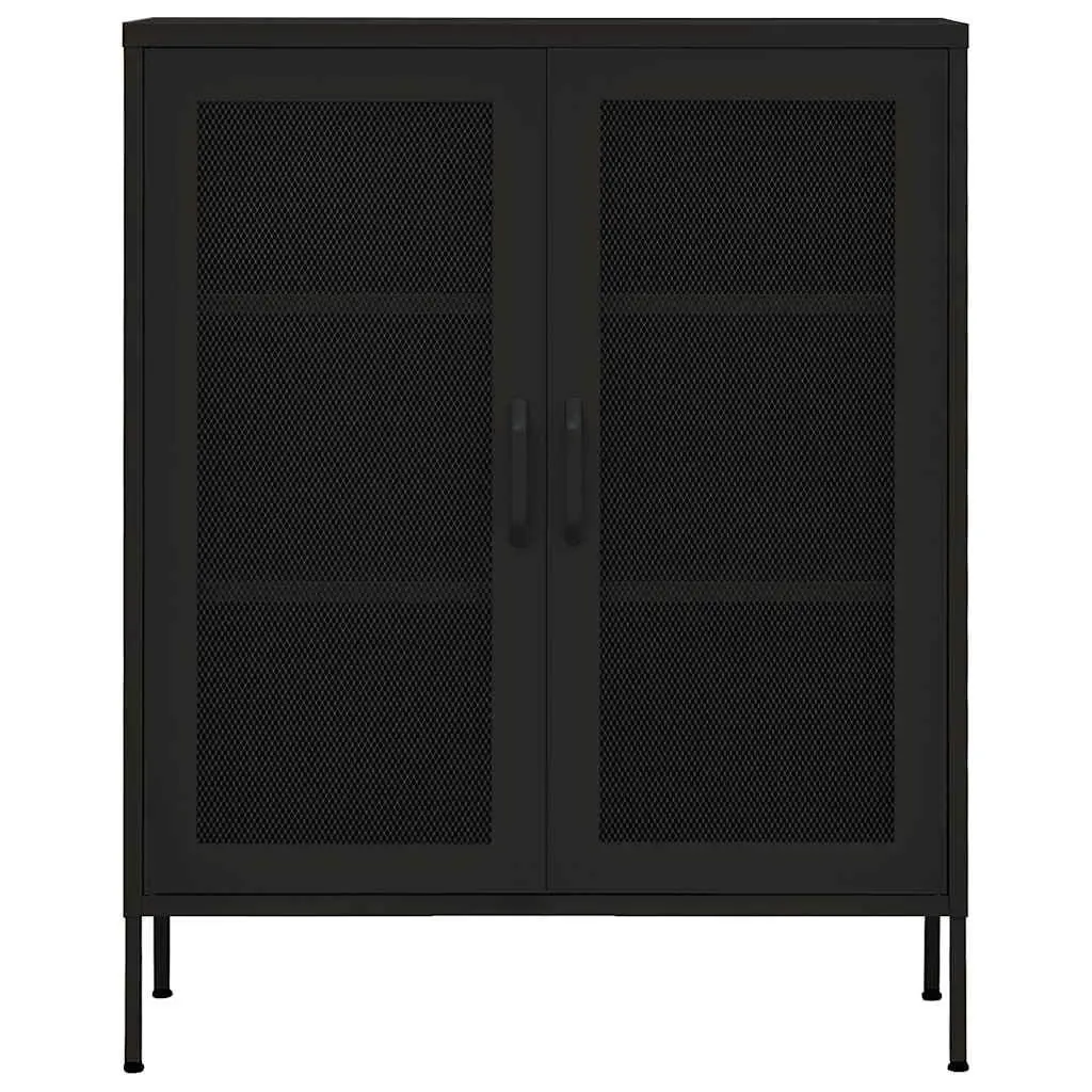 Black Storage Cabinet with Steel Mesh Doors 80x35x101.5cm Adjustable Shelves for Home Organization