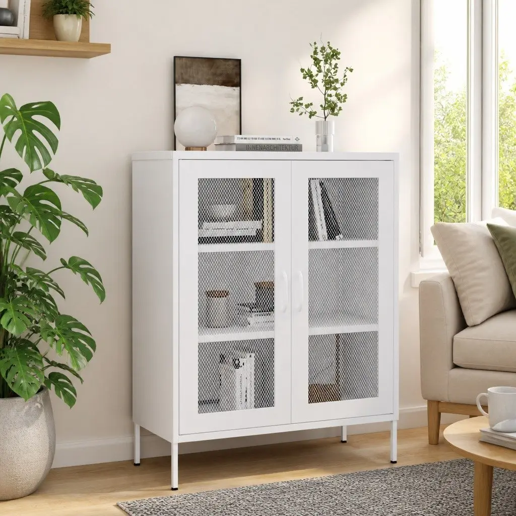 Steel Frame Storage Cabinet White 2 Mesh Doors Adjustable Shelves Home Organization 80cm Width 35cm Depth 1015cm Height
