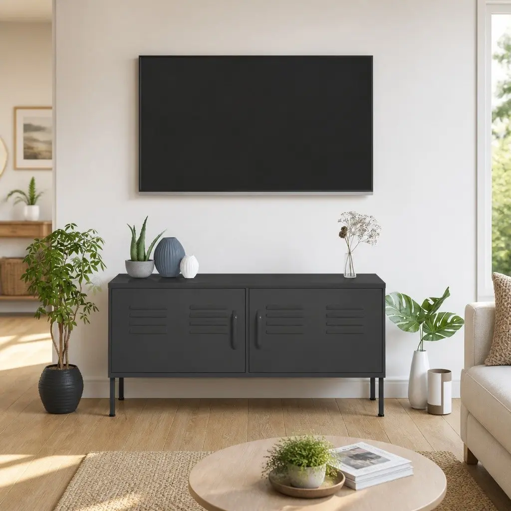 TV Cabinet Anthracite 105W x 35D x 50H cm Steel Stand with Doors Shelves and Cable Organisation