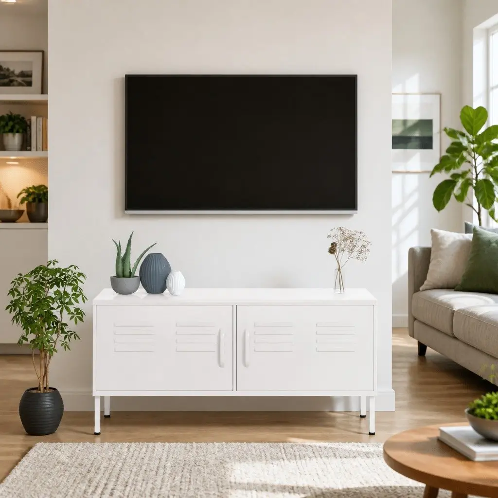 TV Cabinet White Living Room Storage Unit With Doors Shelf Media Console Stand