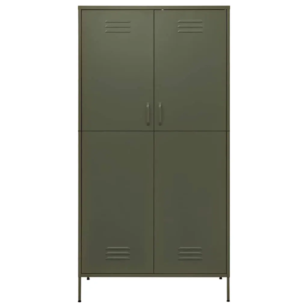 Steel Wardrobe Olive Green Adjustable Shelves Hanging Rod
