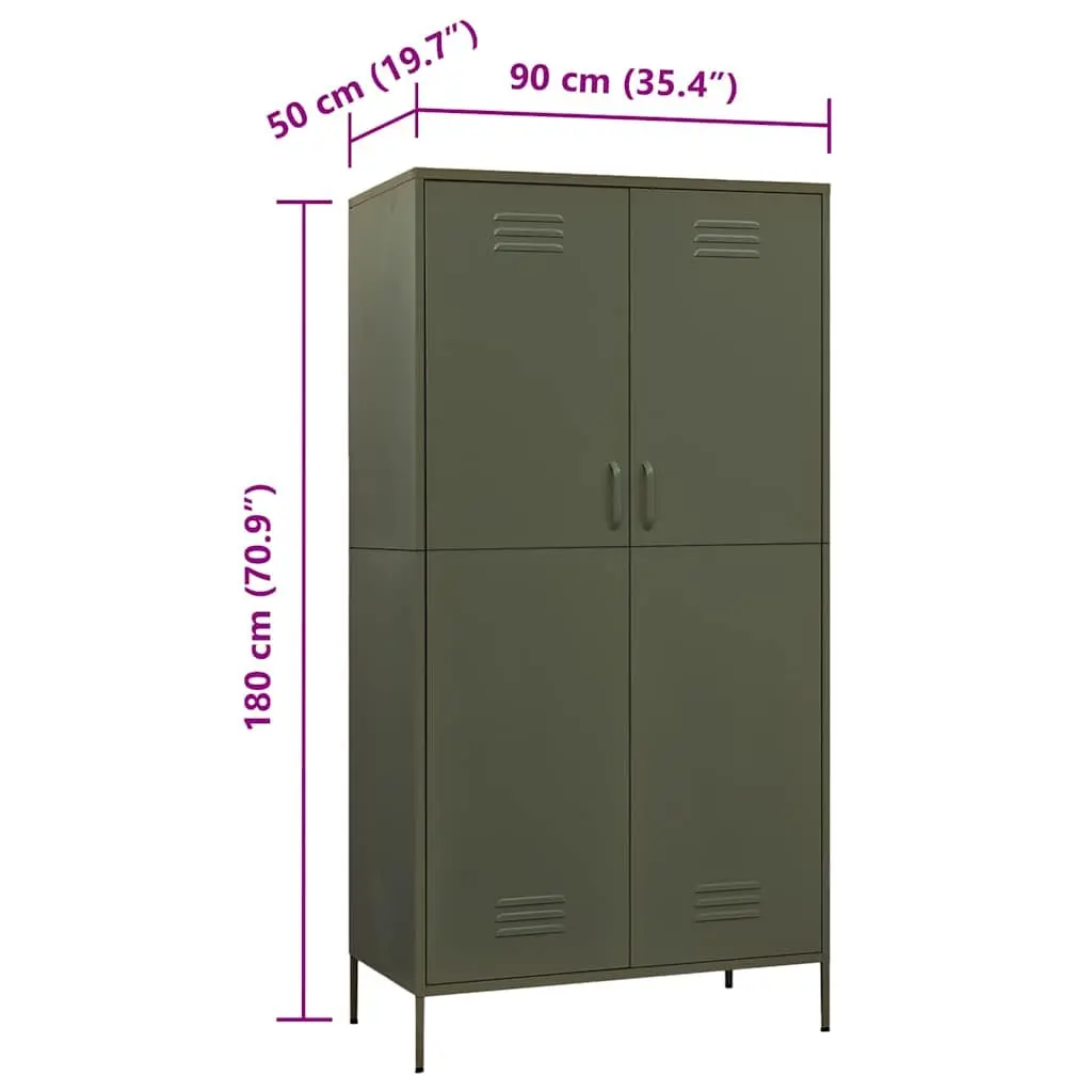 Steel Wardrobe Olive Green Adjustable Shelves Hanging Rod