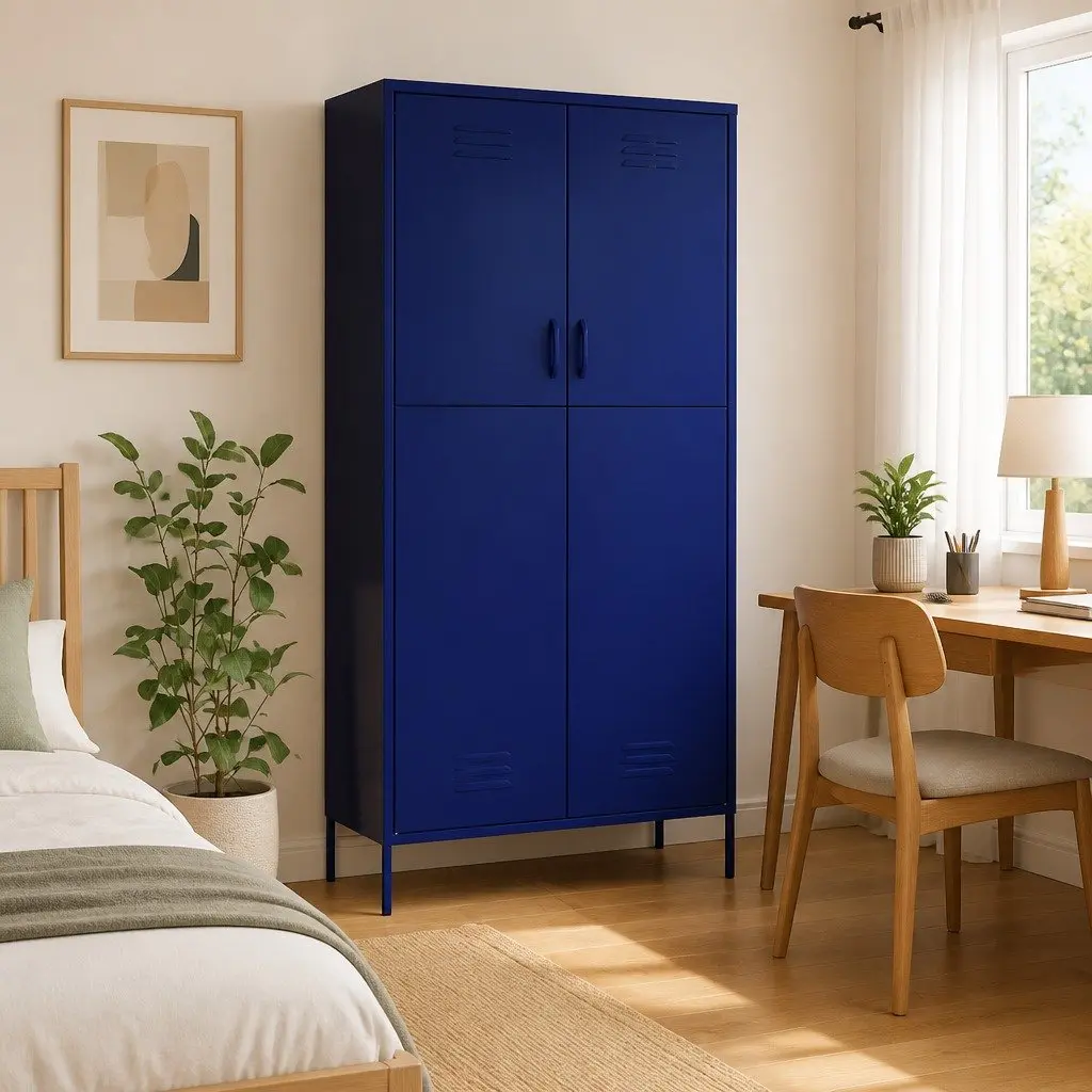 Wardrobe Cabinet Blue Steel 4 Shelves Hanging Rod Organiser