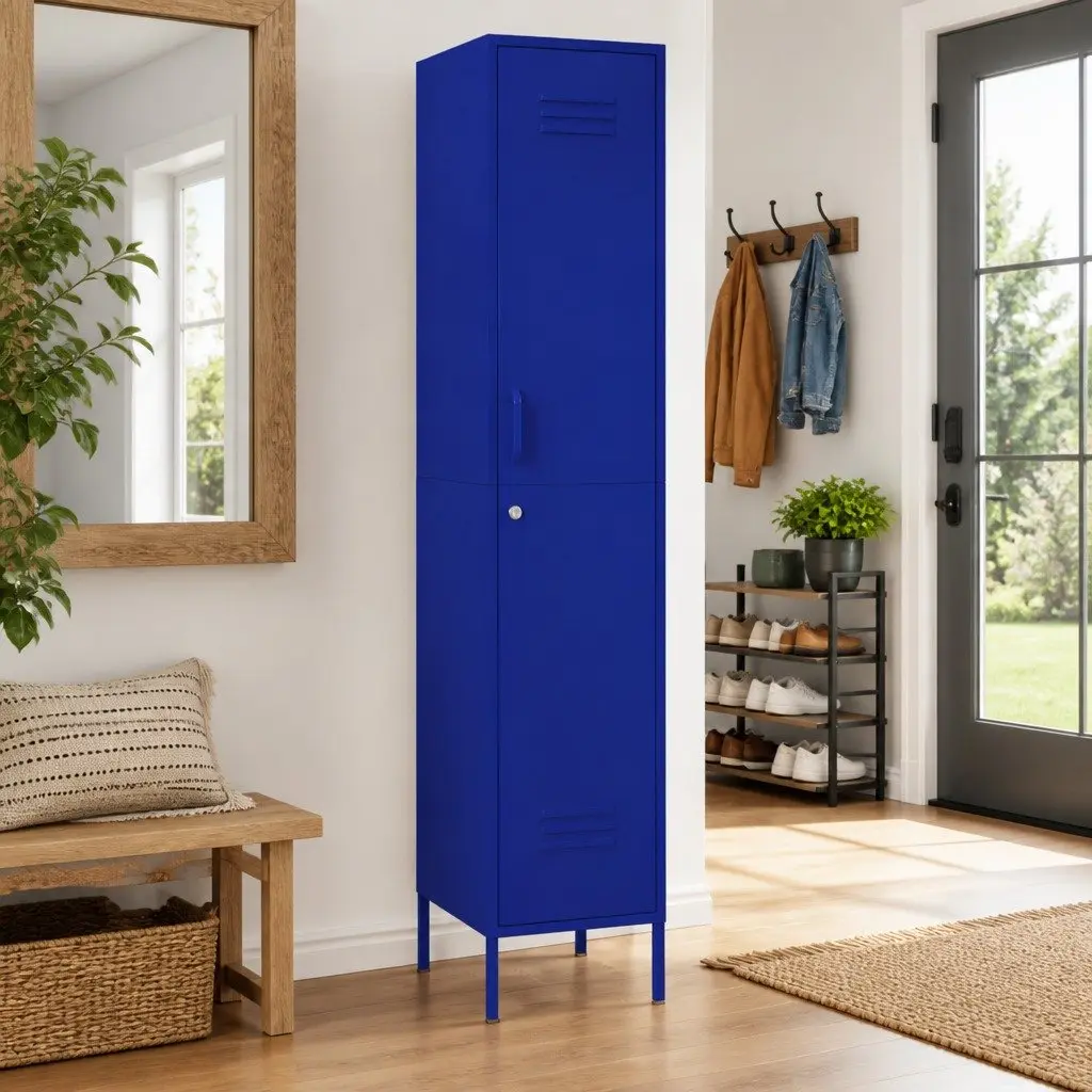 Steel Storage Cabinet Navy Blue 4 Shelves Adjustable Locks Durable Office Furniture
