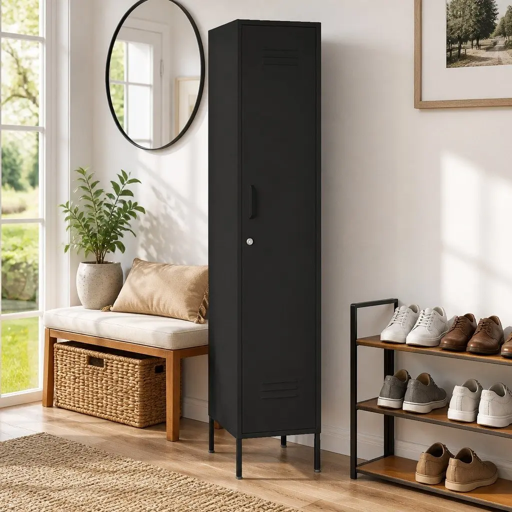 Steel Locker Cabinet Black 4 Adjustable Shelves Locking Doors