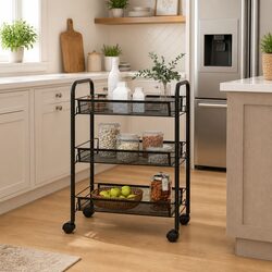 3-Tier Kitchen Trolley Black Storage Cart with Wheels Removable Mesh Baskets