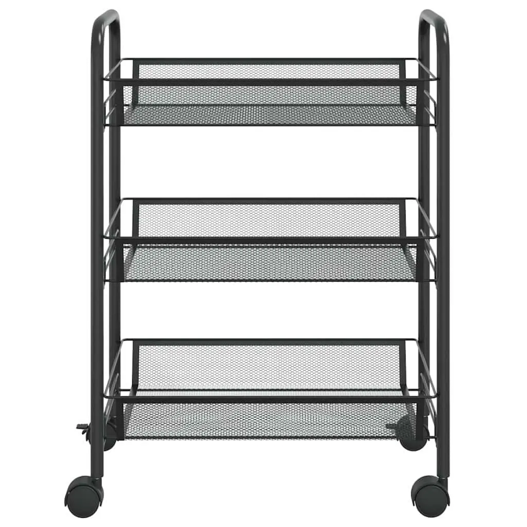 3-Tier Kitchen Trolley Black Iron Storage Cart with Wheels Removable Mesh Baskets