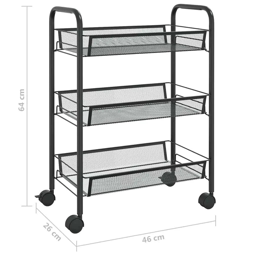 3-Tier Kitchen Trolley Black Iron Storage Cart with Wheels Removable Mesh Baskets