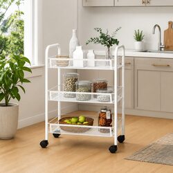 3-Tier Kitchen Trolley White Storage Cart Organiser Mesh Baskets Wheels Brakes