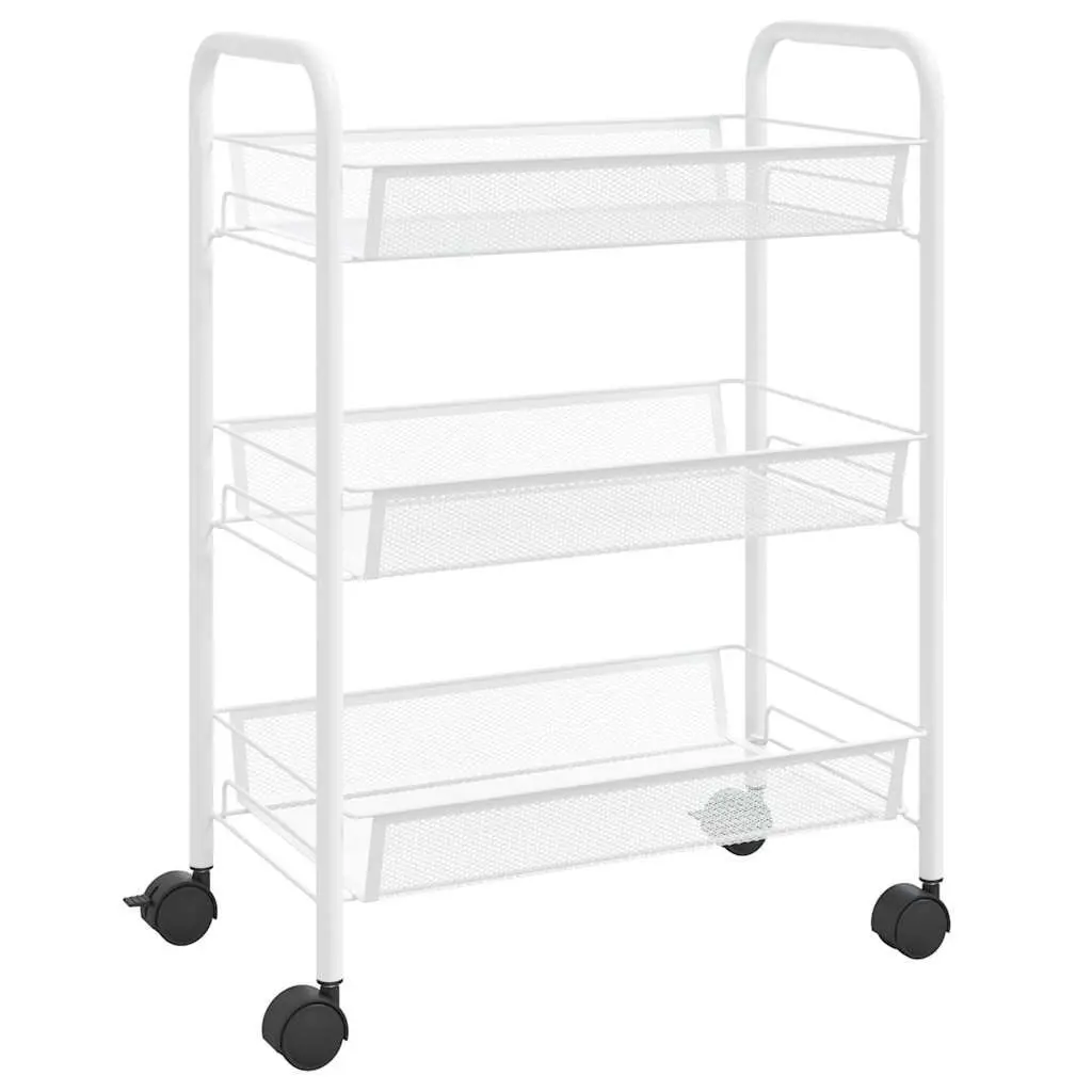 3-Tier Kitchen Trolley White Iron Storage Cart with Removable Mesh Baskets and Wheels