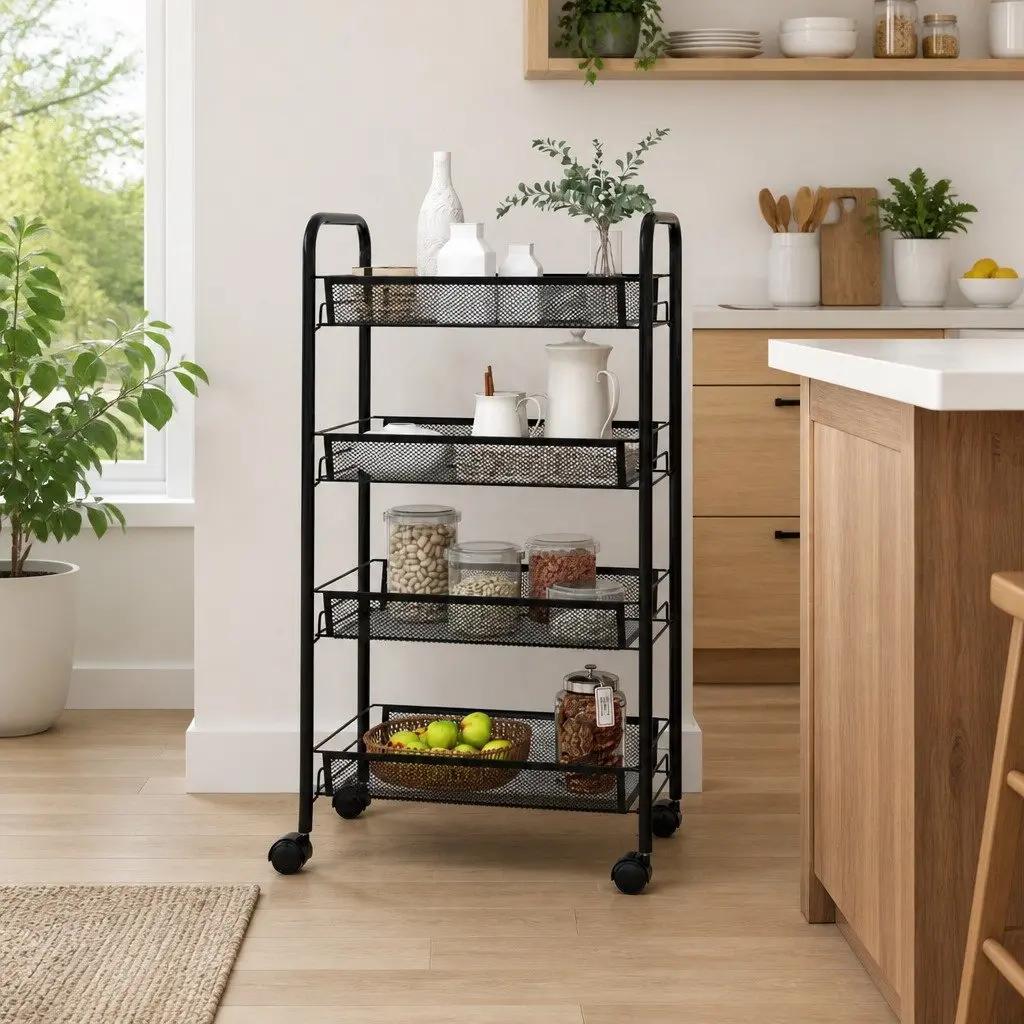 4-Tier Kitchen Trolley Black Iron Storage Cart Removable Mesh Baskets Wheels Brakes