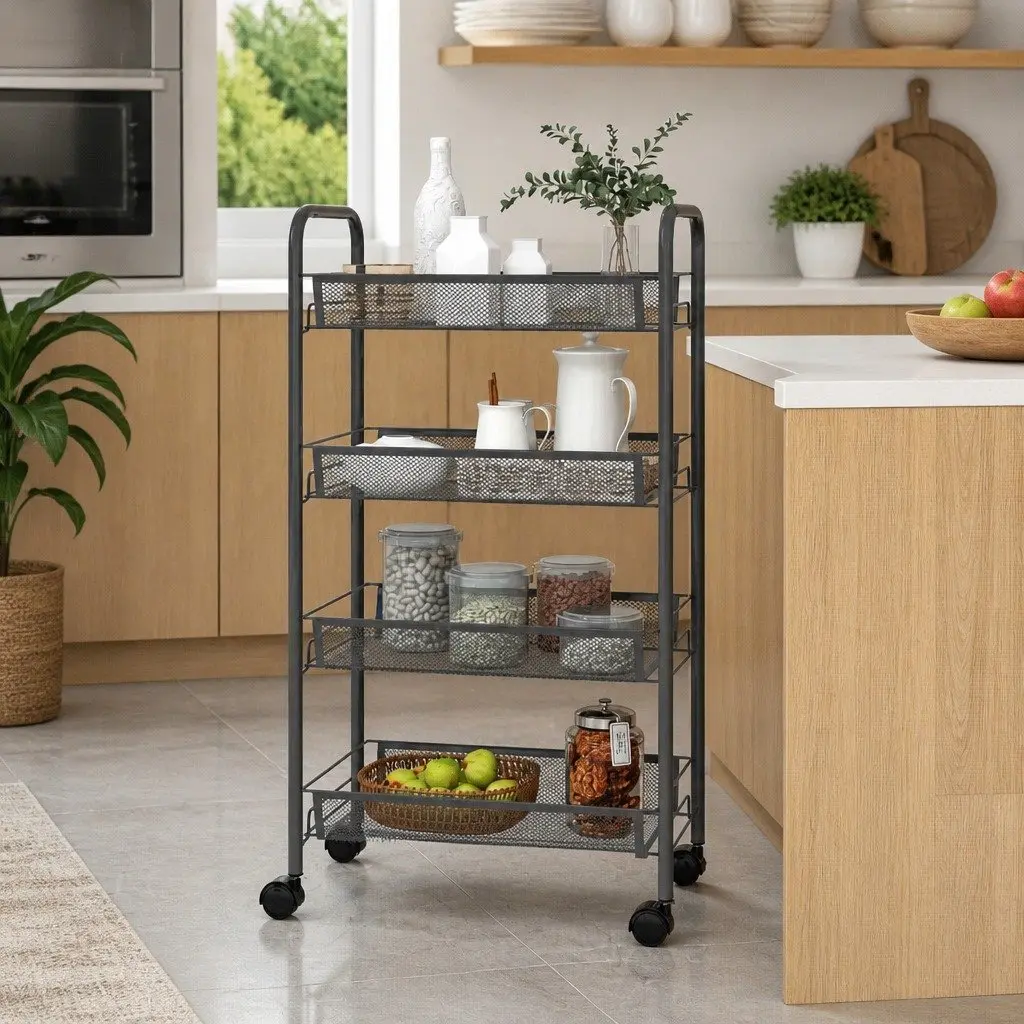 4-Tier Kitchen Trolley Grey Removable Mesh Baskets Sturdy Iron Construction Wheels