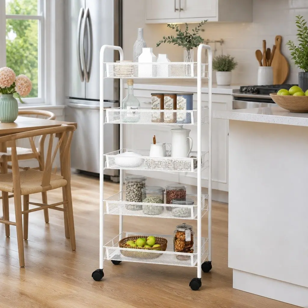 5-Tier Kitchen Trolley White Iron Storage Cart with Removable Mesh Baskets and Wheels
