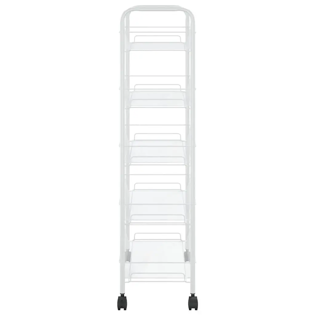 5-Tier Kitchen Trolley White Iron Storage Cart with Removable Mesh Baskets and Wheels