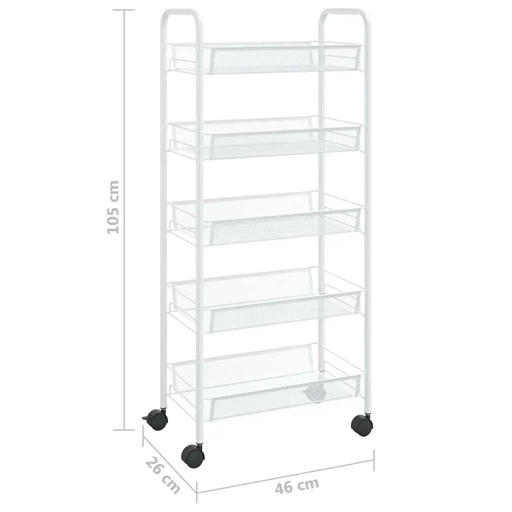 5-Tier Kitchen Trolley White Iron Storage Cart with Removable Mesh Baskets and Wheels