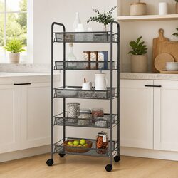 5-Tier Kitchen Trolley Grey Storage Cart Organiser with Wheels Removable Baskets