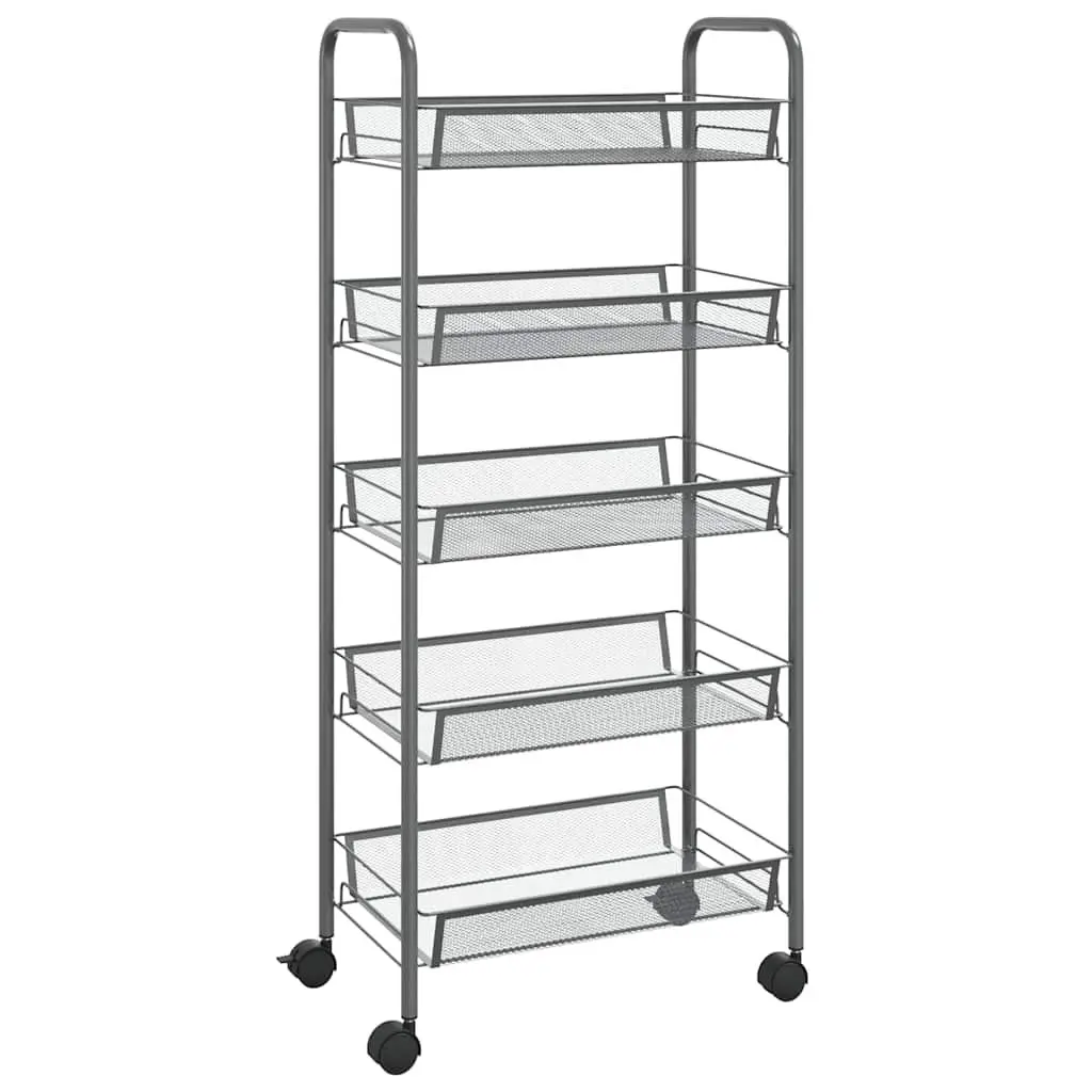 5-Tier Kitchen Trolley Grey Iron Storage Cart with Removable Baskets and Wheels