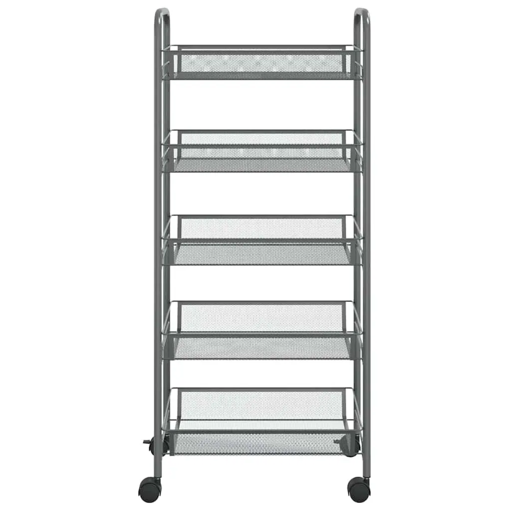 5-Tier Kitchen Trolley Grey Iron Storage Cart with Removable Baskets and Wheels