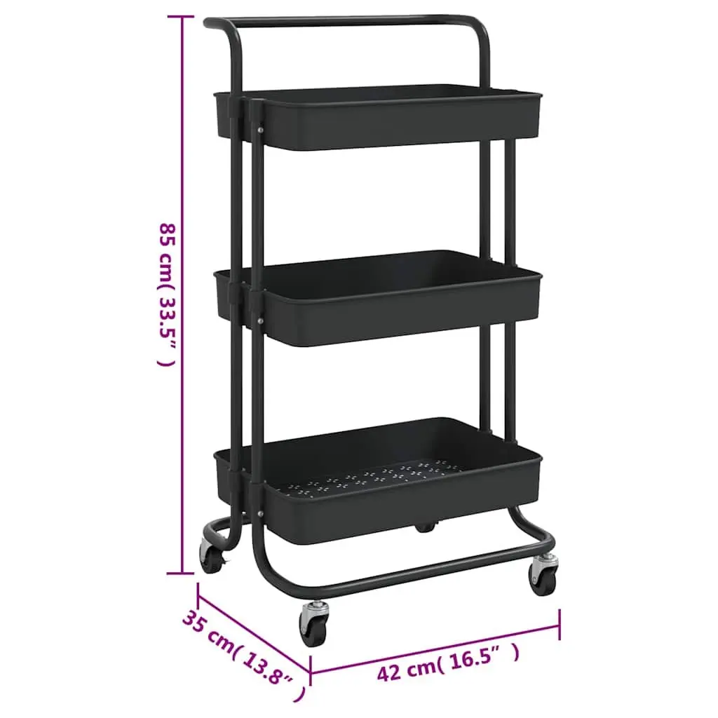 3-Tier Kitchen Trolley Black 42 x 35 x 85 cm Removable Baskets with Wheels and Handle