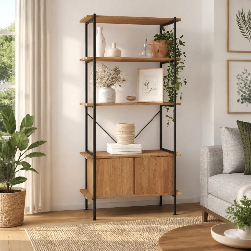 5-Tier Shelving Unit Brown 80x40x163cm Strong Steel Frame with Cabinet Storage