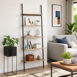 5-Tier Leaning Shelf Storage Bookcase Brown Black Home Office Display Stand