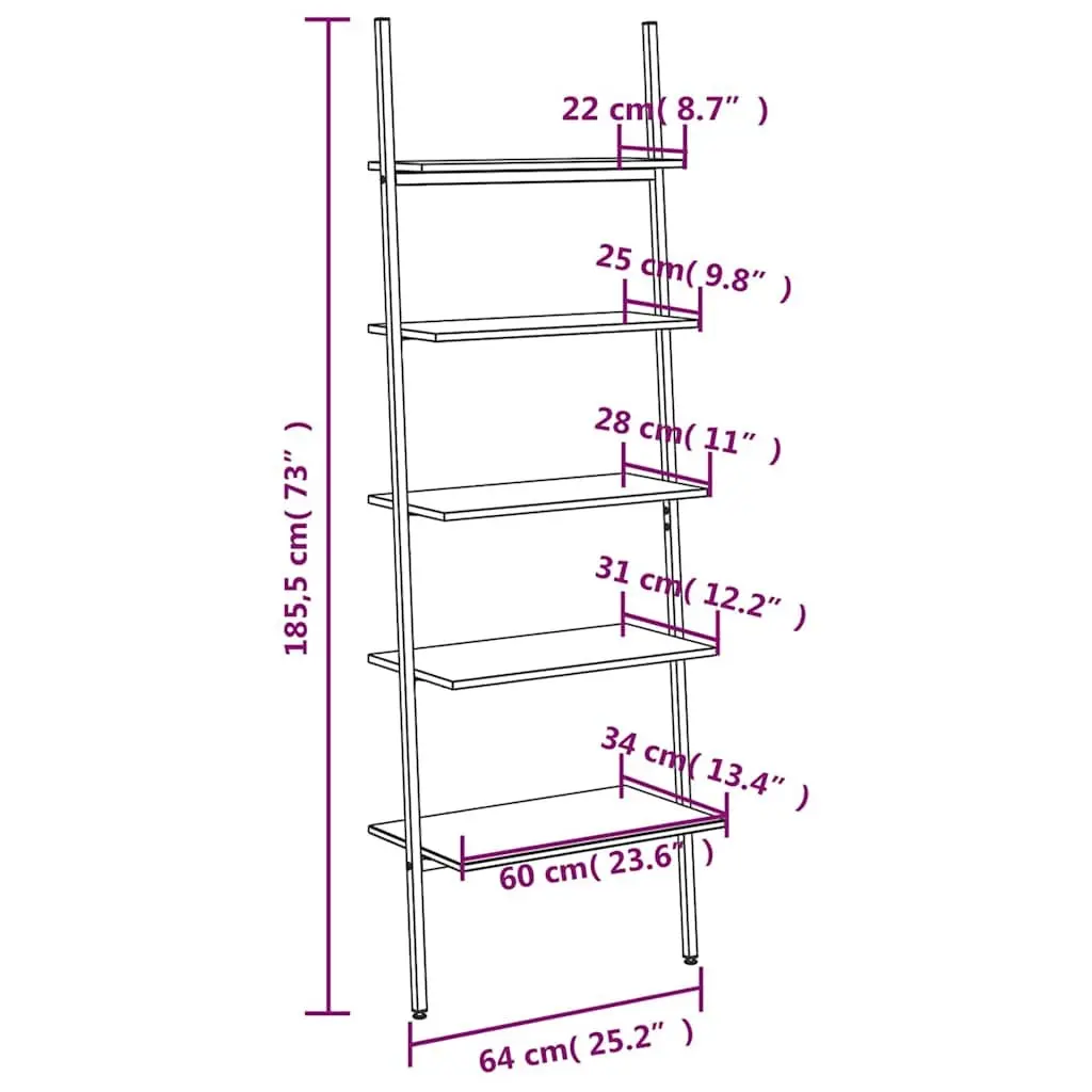 5-Tier Leaning Shelf Storage Bookcase Brown Black Home Office Display Stand