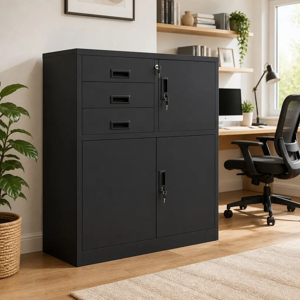 Steel Office Storage Cabinet Anthracite with Adjustable Shelves and Internal Locker 90cm x 40cm x 102cm