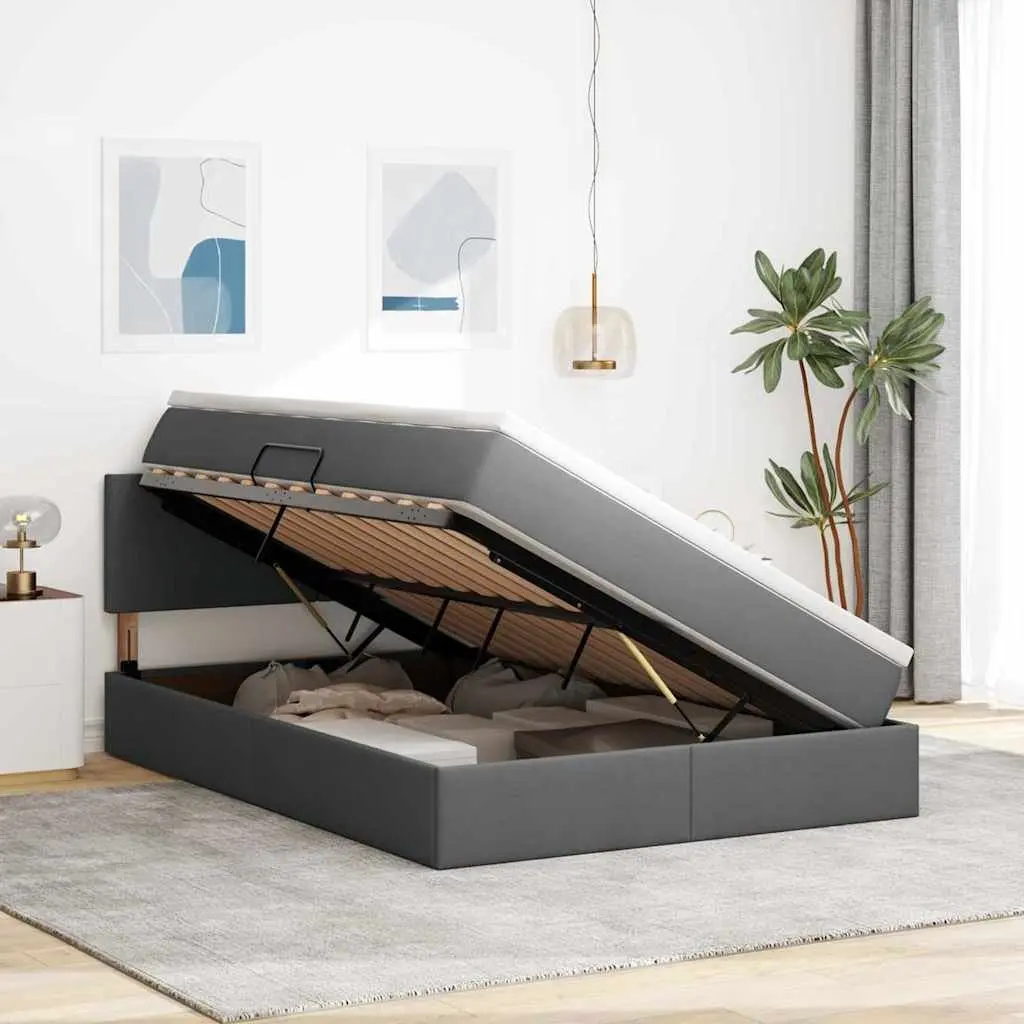 LED Storage Bed Dark Grey 152 x 203 cm Gas Lift Upholstered Frame with USB Powered LED Lighting