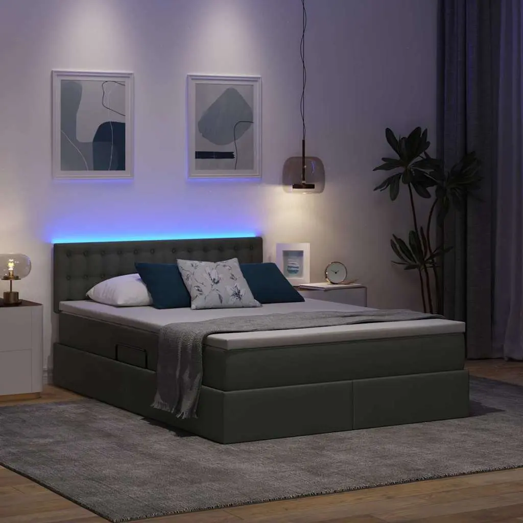 LED Storage Bed Dark Grey 152x203cm Upholstered Frame with Gas Lift and USB-Powered LED Strip Lights