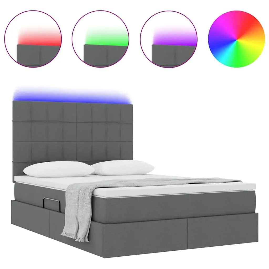 LED Storage Bed Dark Grey 152 x 203 cm Upholstered Frame with Adjustable Headboard and USB LED Lighting