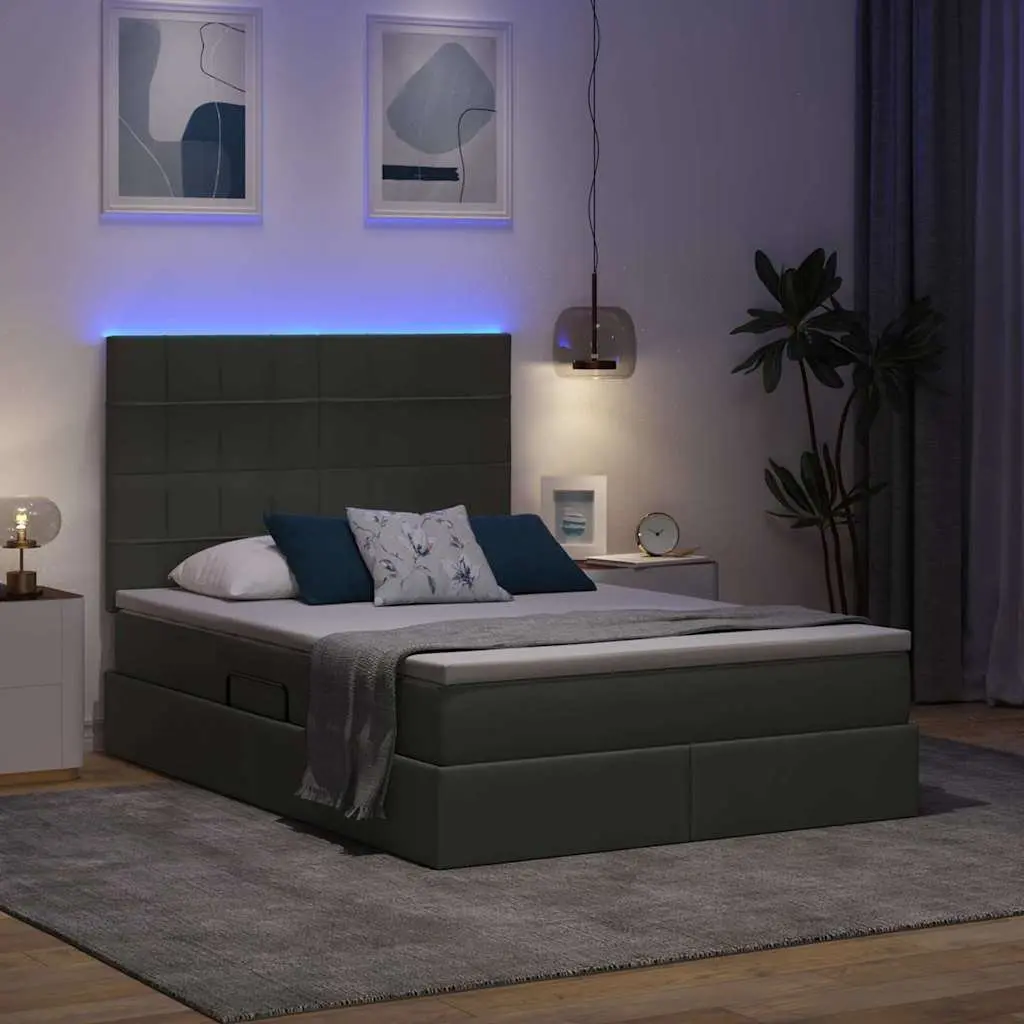 LED Storage Bed Dark Grey 152 x 203 cm Upholstered Frame with Adjustable Headboard and USB LED Lighting